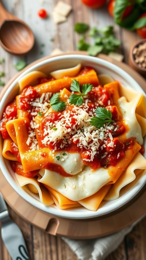 A bowl of three-cheese lasagna filling with ricotta, mozzarella, and Parmesan cheese, garnished with parsley.